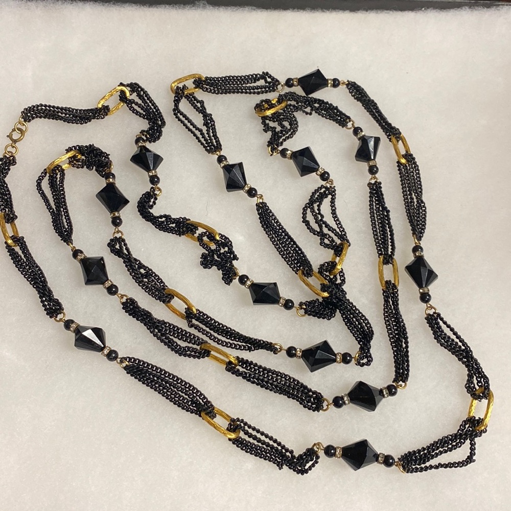 Super long Black Faceted Bead , Rhinestone & Gold Link Necklace.